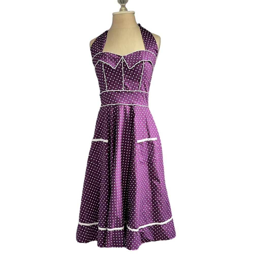 Hell Bunny Vixen Vintage Inspired Purple Polka Dot Swing Dress Halter Top S